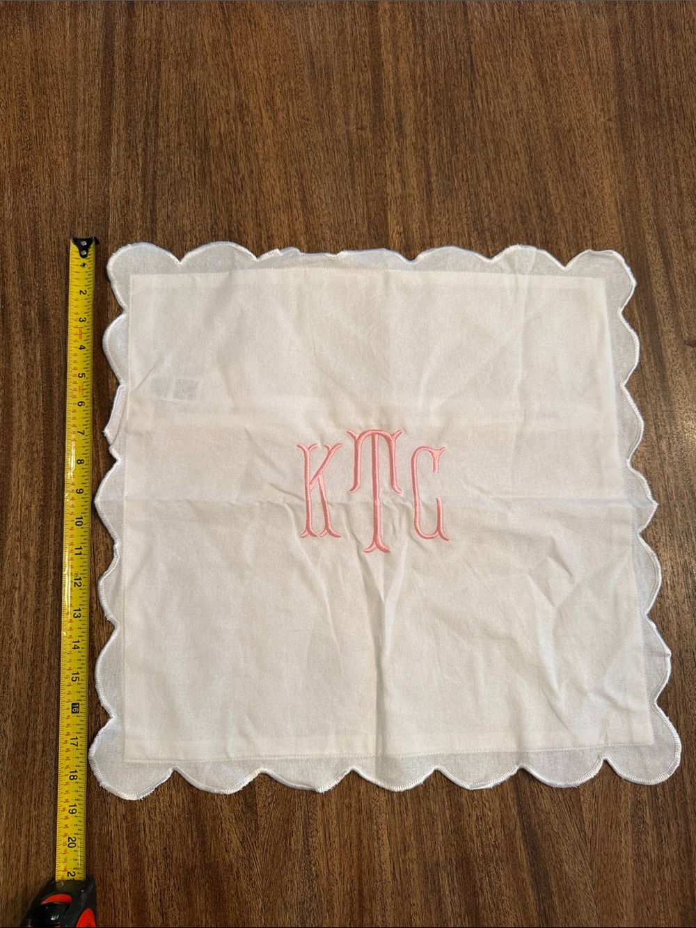 White Scalloped Edge Pillowcase with Pink Monogram KTC Embroidery